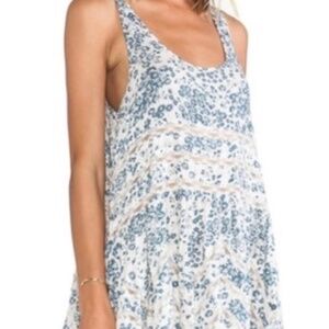 Free People Voile & Lace Floral Trapeze Slip Dress In blue and cream, size L